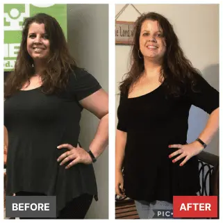 Before and after transformation photo of Haley showing significant weight loss using IIFYM macro coaching.