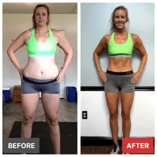 Before and after transformation photo of Isabella showing fat loss and visible body recomposition through IIFYM macros.
