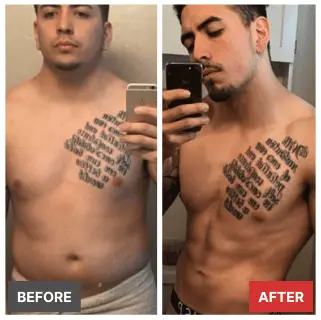 Before and after transformation photo of Jake showing major fat loss and increased muscle definition using the IIFYM flexible dieting system.