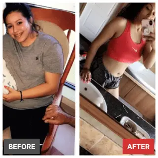 Before and after transformation photo of Jessica showing significant fat loss achieved using IIFYM macro tracking.