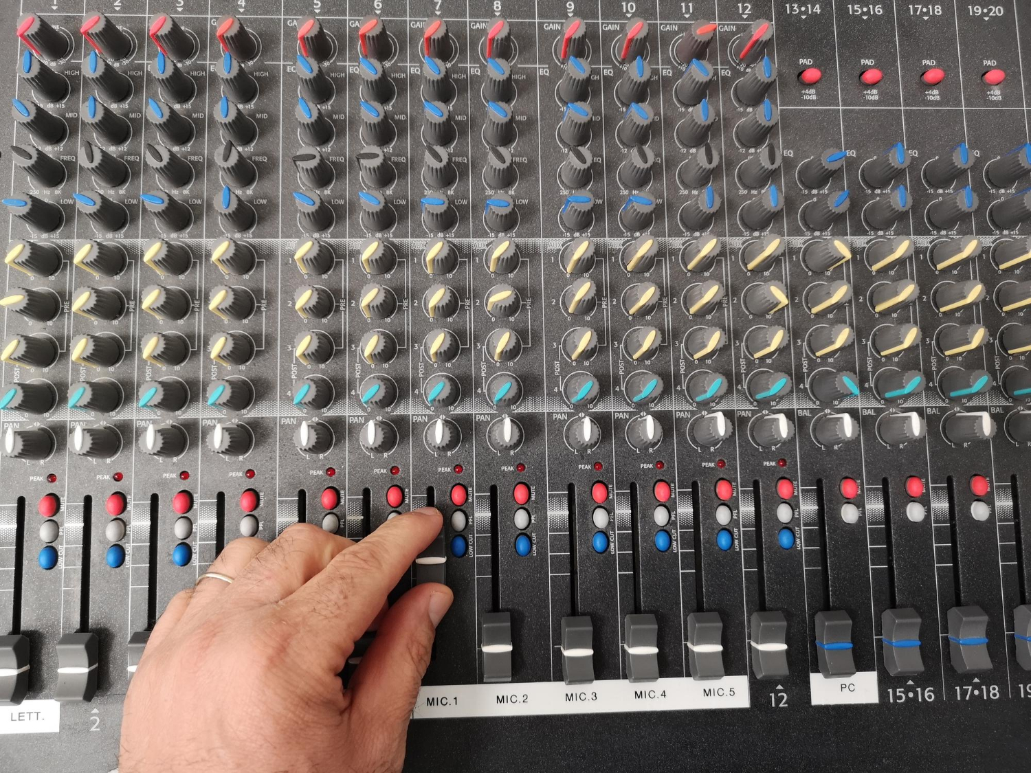 sound-board-for-production Cropped hand of man hand using sound mixer