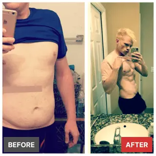 Before and after transformation photo of Ben showing major fat loss and improved muscle definition using the IIFYM macro system.