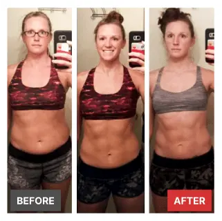 Three-stage body transformation photo of Laura Ward showing fat loss and abdominal definition achieved with IIFYM macro tracking.