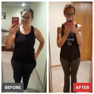 Before and after transformation photo of Olivia showing noticeable body fat reduction using IIFYM macro tracking.