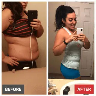 Before and after transformation photo of Sophia showing significant fat loss achieved using personalized IIFYM macro targets.