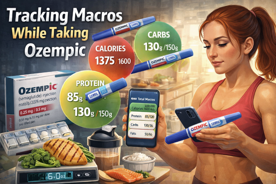 Woman tracking macros on her phone while using Ozempic, with meal prep foods, macro targets, and injection pens shown in a kitchen setting.