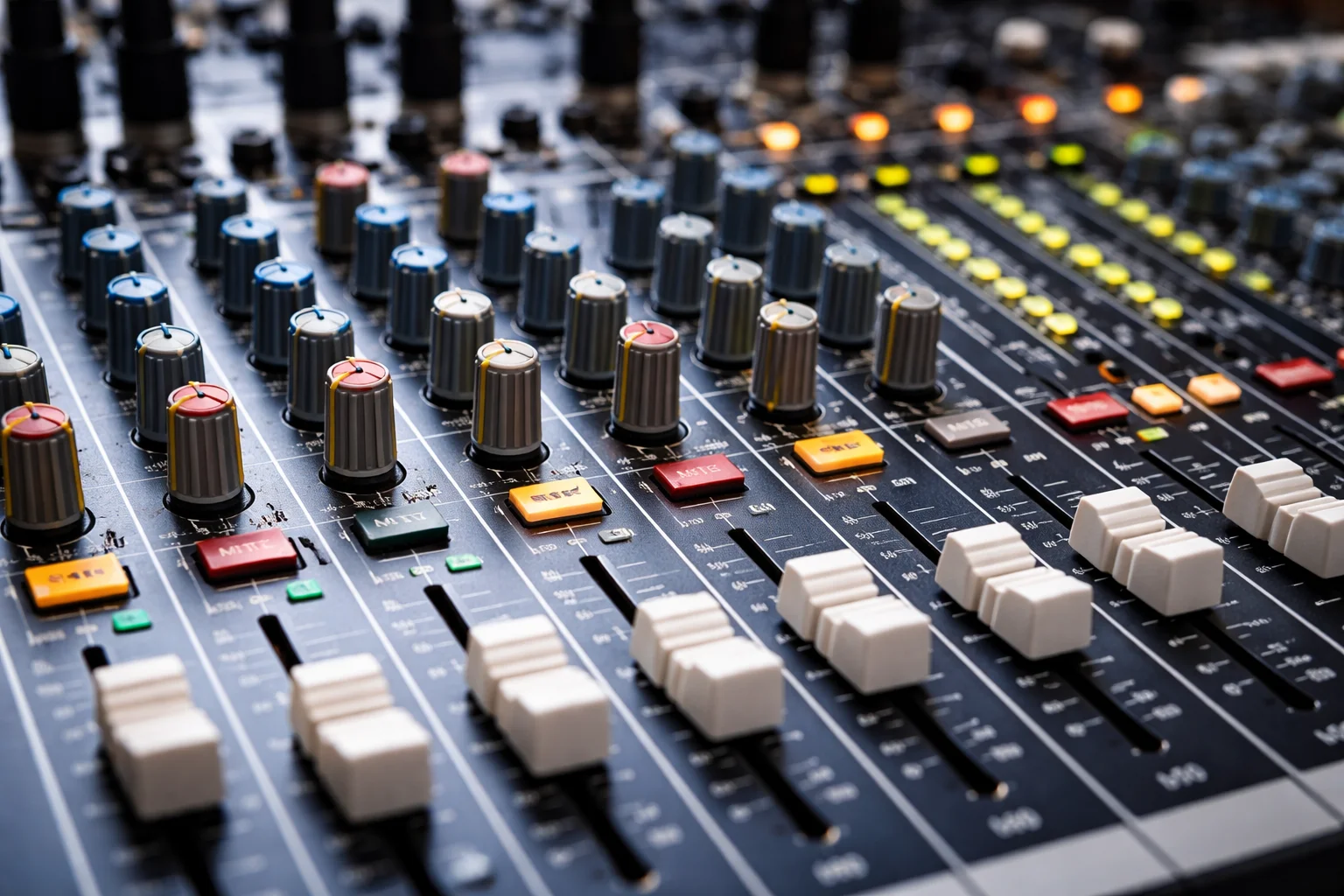 audio mixer sound control panel with hand adjusting volume levels