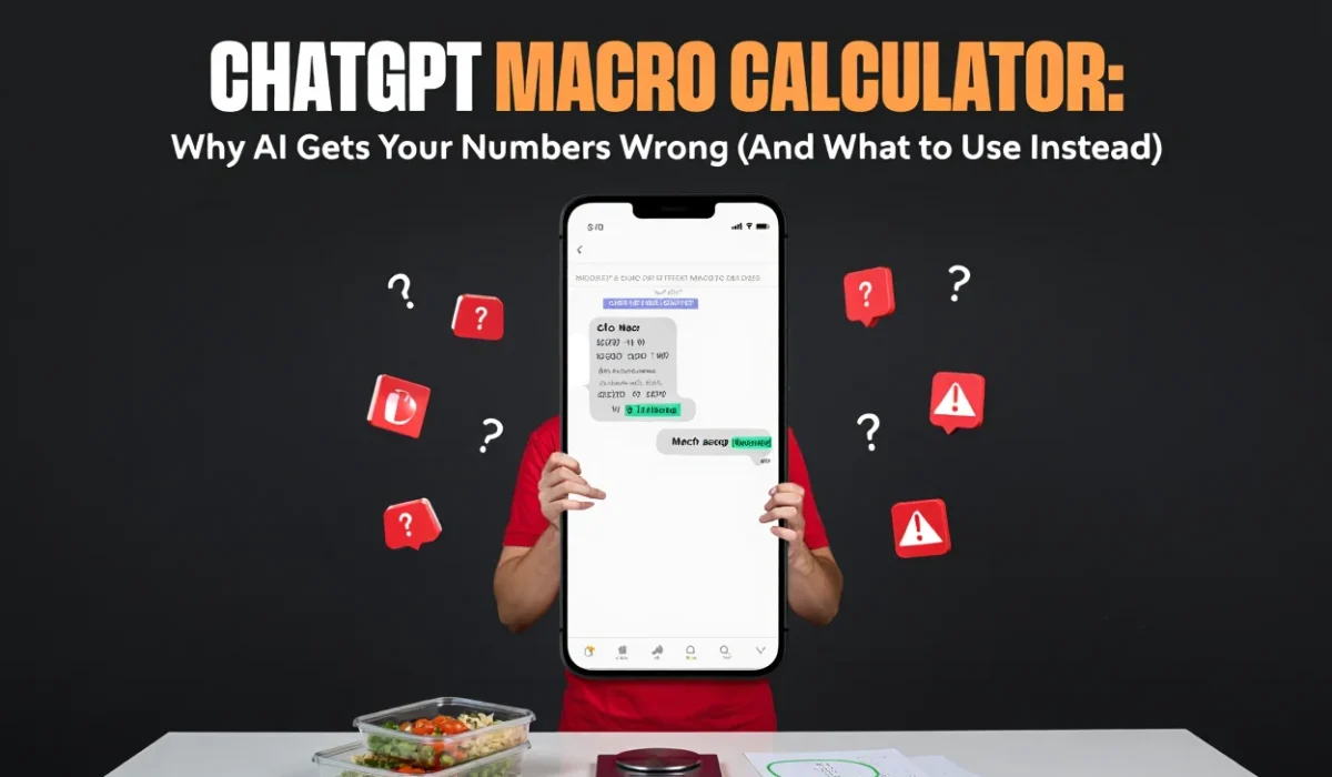 A person standing behind a large smartphone display showing a ChatGPT conversation about macro counts. The background is black with floating red question marks and warning icons. Text above reads "ChatGPT Macro Calculator: Why AI Gets Your Numbers Wrong."