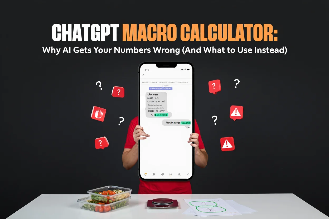 A person standing behind a large smartphone display showing a ChatGPT conversation about macro counts. The background is black with floating red question marks and warning icons. Text above reads "ChatGPT Macro Calculator: Why AI Gets Your Numbers Wrong."