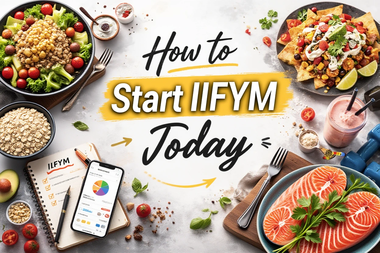 A colorful banner featuring the text "How to Start IIFYM Today" surrounded by various foods like salmon, salad, nachos, and oatmeal, alongside a smartphone showing a macro tracking app.