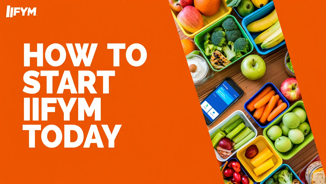 An orange and white graphic featuring various colorful meal prep containers filled with fruits, vegetables, and proteins next to a smartphone with a tracking app. The text reads "How to Start IIFYM Today" with the IIFYM logo.