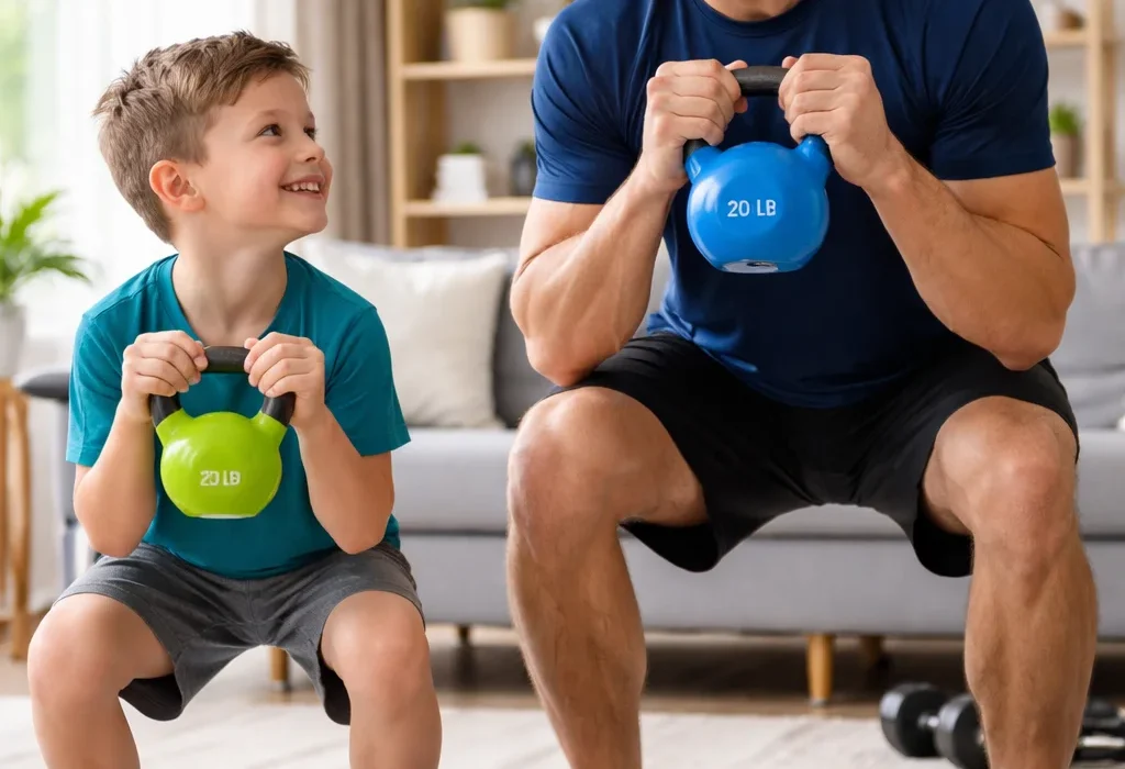 ather and child doing kettlebell workout at home healthy iifym lifestyle fitness