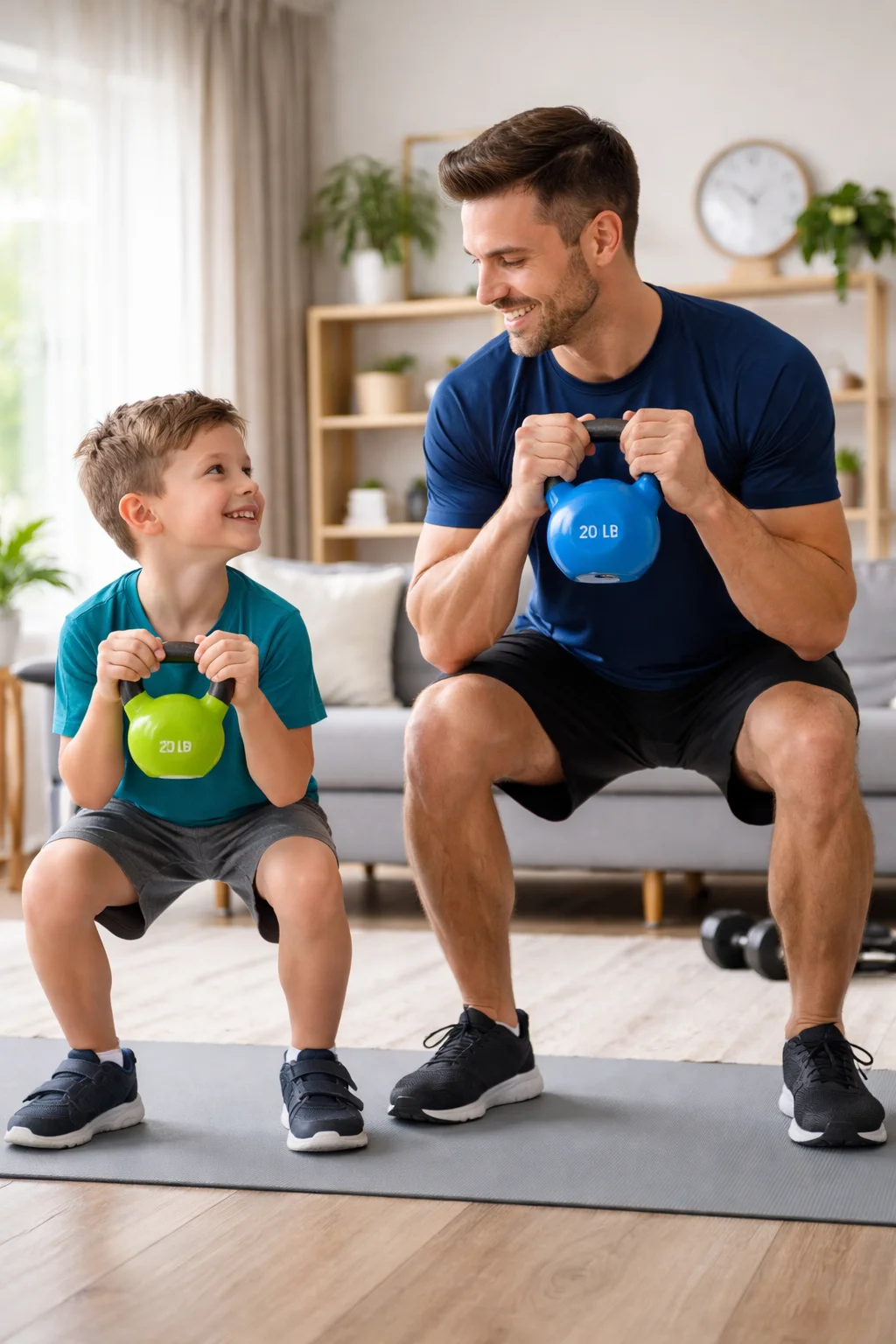 ather and child doing kettlebell workout at home healthy iifym lifestyle fitness
