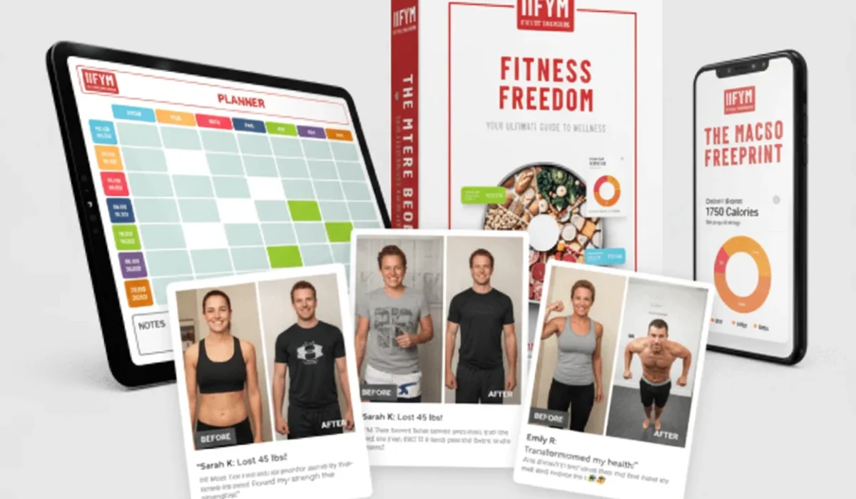 A collection of digital and physical fitness resources including a book titled "The Macro Blueprint," a tablet showing a nutrition schedule, a smartphone with calorie tracking, and several "before and after" weight loss transformation photos.