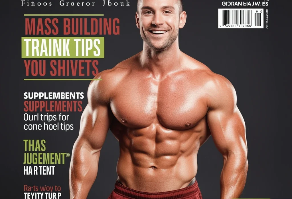 A professional fitness magazine cover titled "POWER PHYSIQUE" featuring a muscular, smiling man with defined abdominal muscles. The cover includes headlines about mass building training tips and supplement advice.