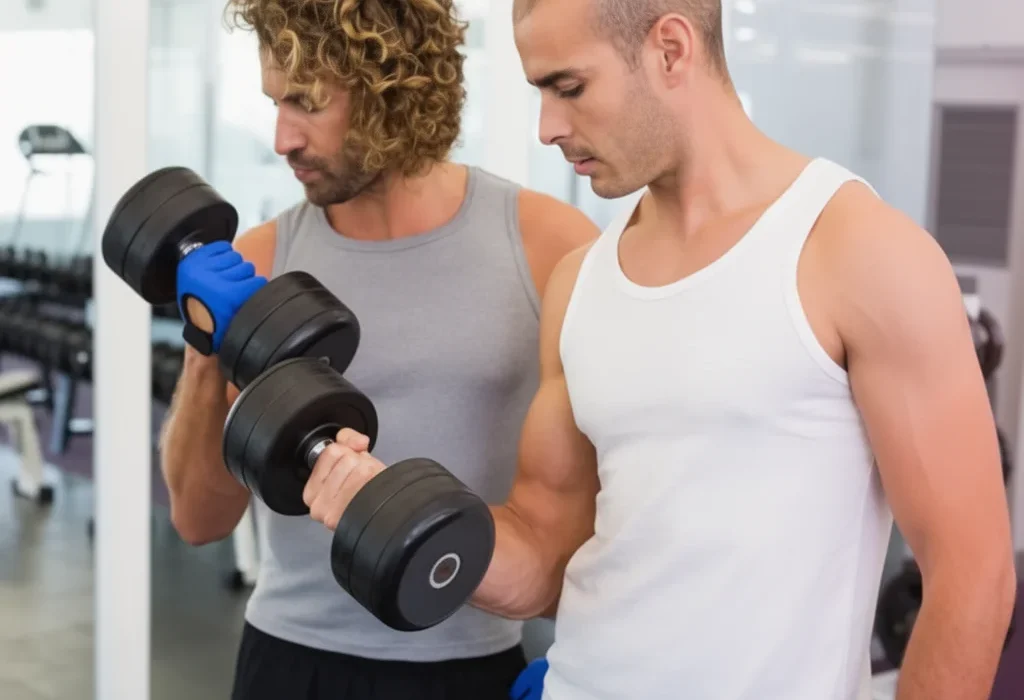 A personal trainer in a white tank top provides guidance to a man performing bicep curls with heavy dumbbells in a modern gym setting.