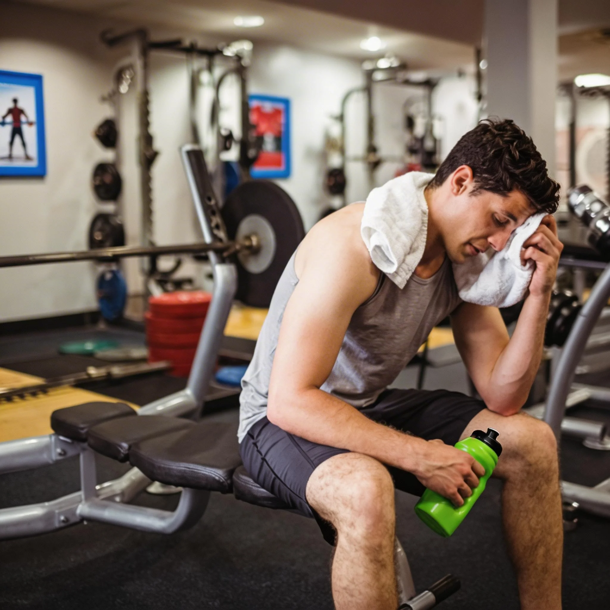 A young man sitting on a weight bench in a gym, holding a green water bottle and wiping sweat from his forehead with a white towel.