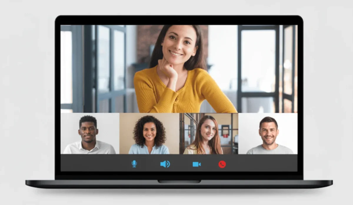 A laptop screen displaying a video conference with five participants, featuring a woman in a yellow shirt as the primary speaker and four other colleagues in smaller windows below.