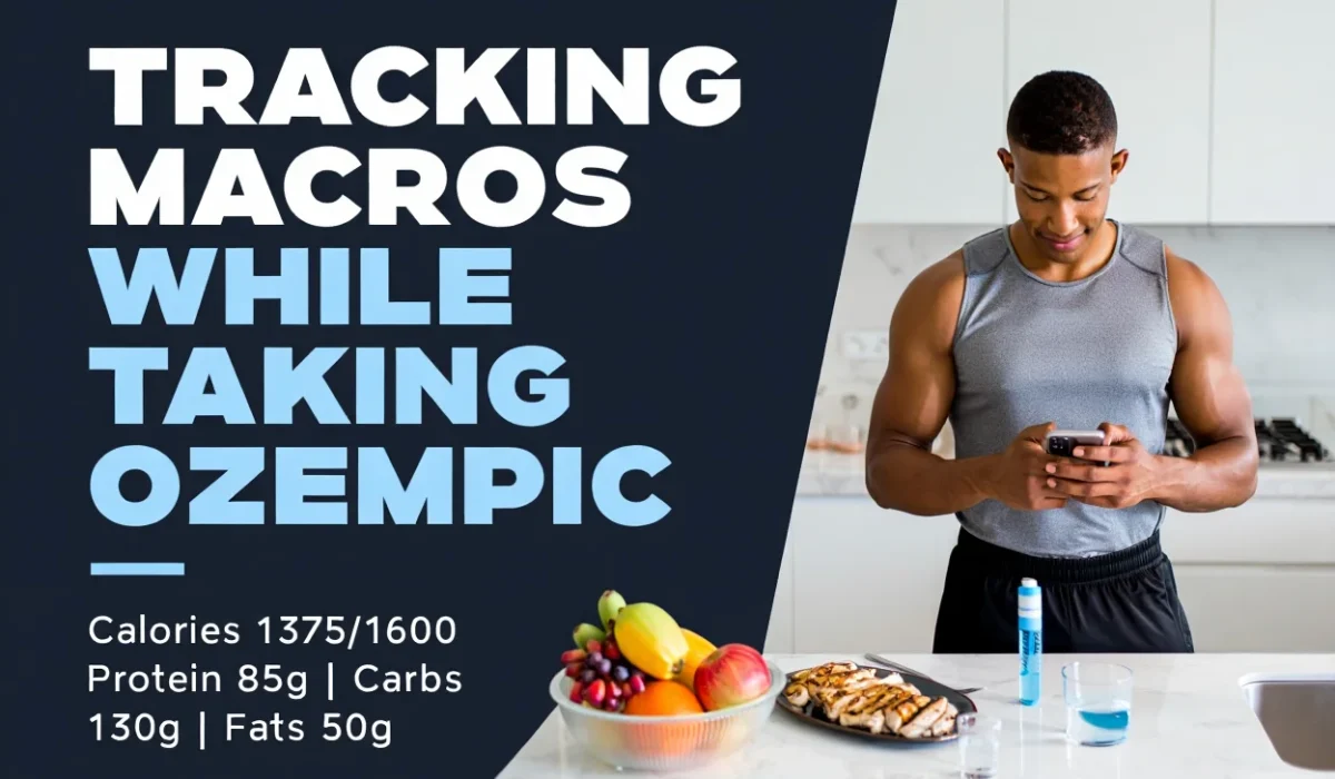 A man in a grey tank top using a smartphone in a kitchen with a healthy meal on the counter. Large text on the left reads "Tracking Macros While Taking Ozempic" above specific calorie and macro counts for protein, carbs, and fats.