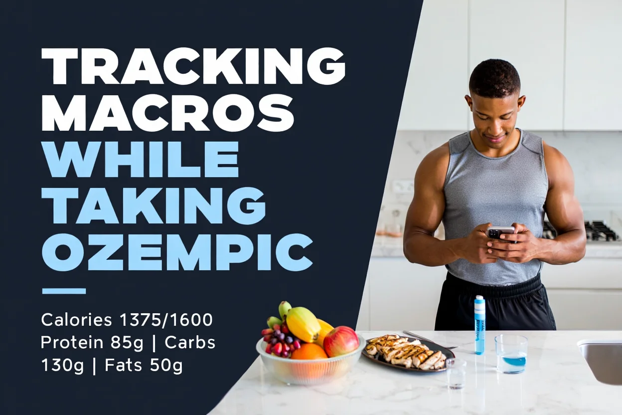 A man in a grey tank top using a smartphone in a kitchen with a healthy meal on the counter. Large text on the left reads "Tracking Macros While Taking Ozempic" above specific calorie and macro counts for protein, carbs, and fats.