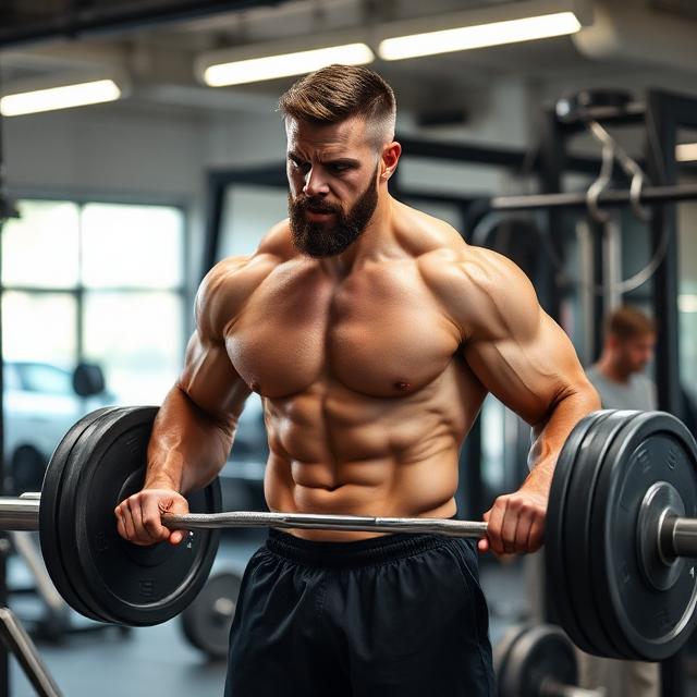 A muscular bearded man performing an upright row with a barbell in a well-equipped gym, showcasing defined chest and abdominal muscles.