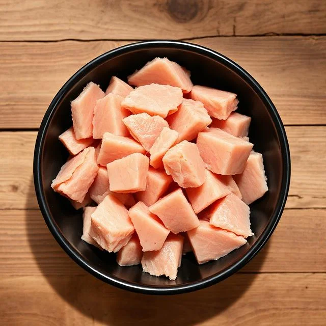 A top-down view of a black bowl filled with fresh, pink, diced raw chicken breast pieces on a light brown wooden surface.