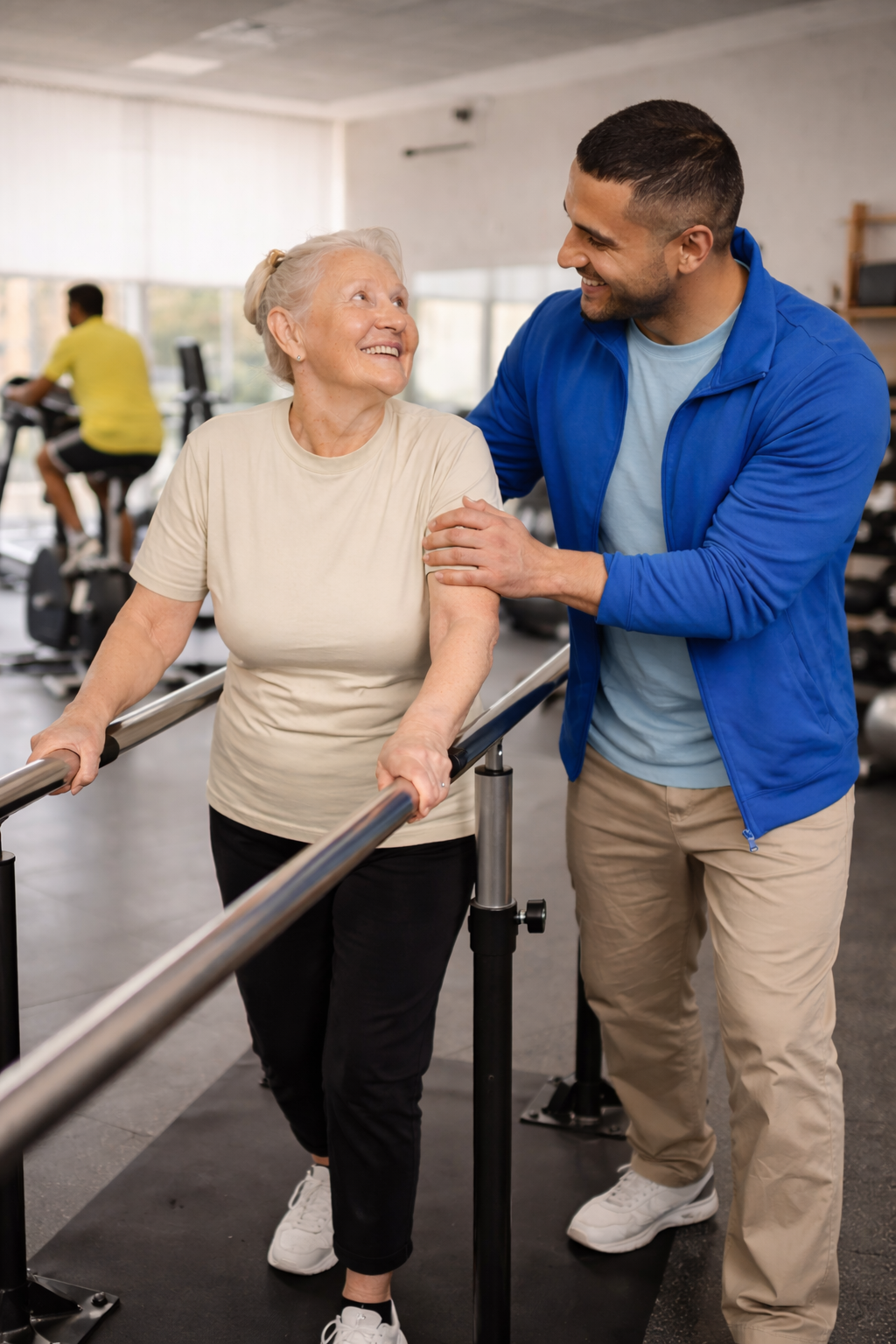 Elderly woman doing walking therapy with trainer support in rehabilitation center