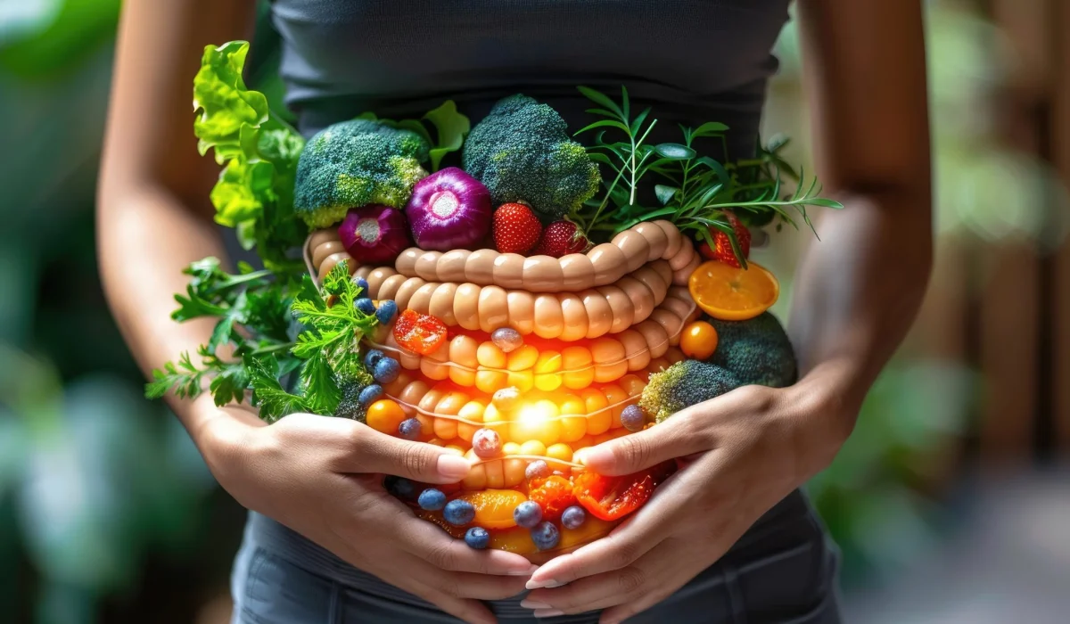 A conceptual image of a person holding an arrangement of fresh vegetables, fruits, and greens shaped like the human digestive system over their midsection, with a glowing light in the center.