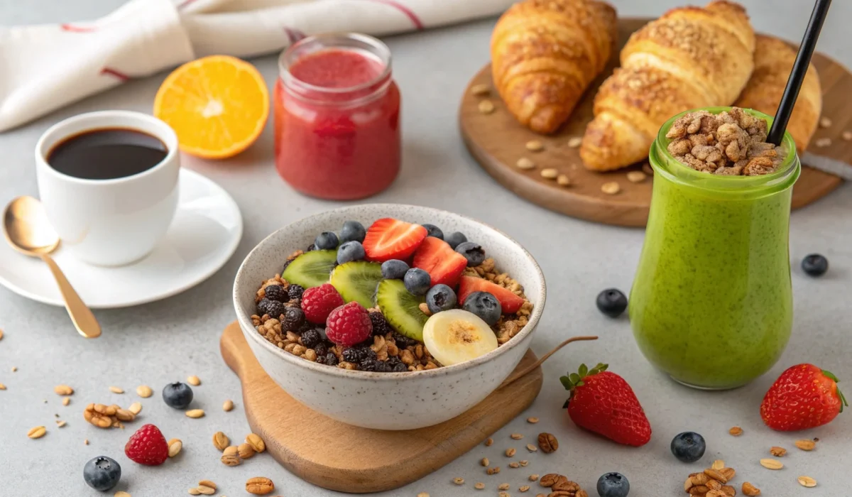 A colorful breakfast spread on a light grey surface featuring a bowl of granola topped with strawberries, kiwi, blueberries, and bananas, alongside a green smoothie jar, a cup of black coffee, and croissants.
