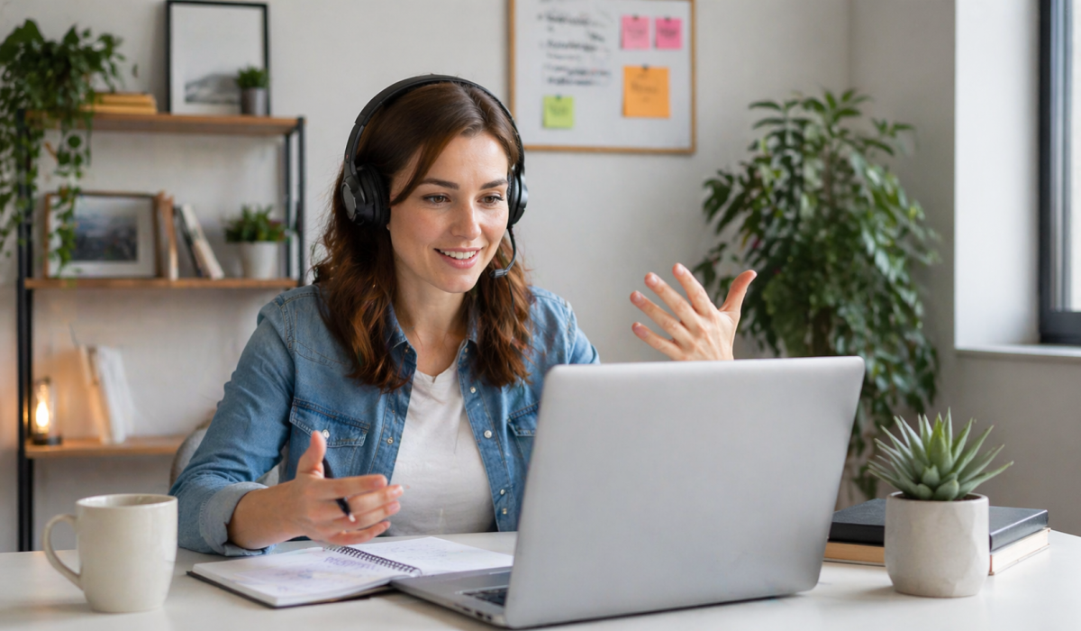 Woman on a video call in a home office with headphones, smiling and gesturing while sitting at a desk with a laptop and plants around her.