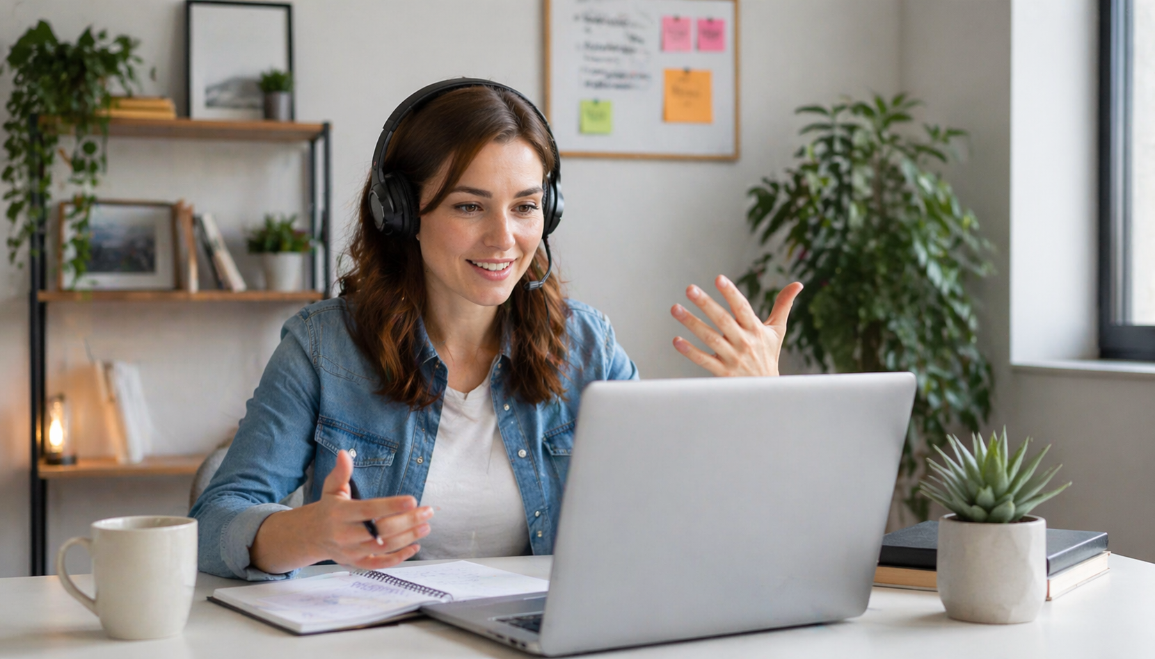 Woman on a video call in a home office with headphones, smiling and gesturing while sitting at a desk with a laptop and plants around her.