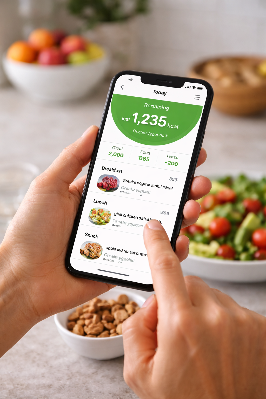 Person tracking calories of healthy food using mobile app on smartphone