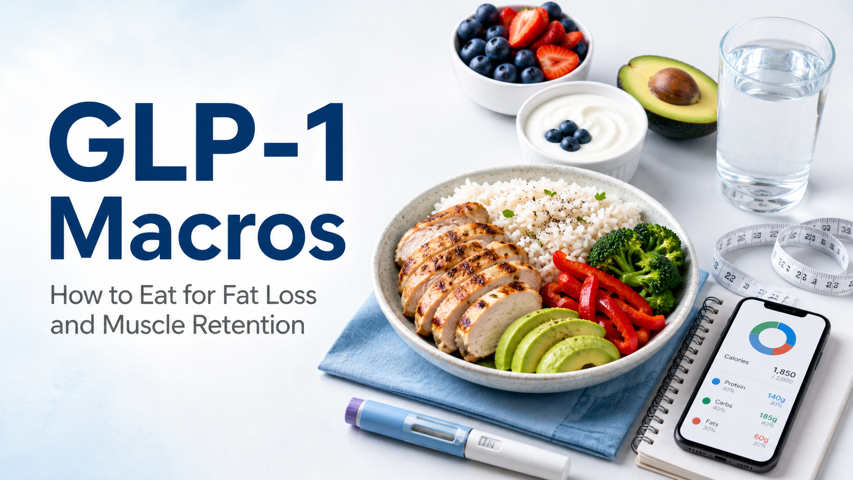 GLP-1 macros guide showing how to balance protein, carbs and fat on semaglutide and tirzepatide for fat loss and muscle retention