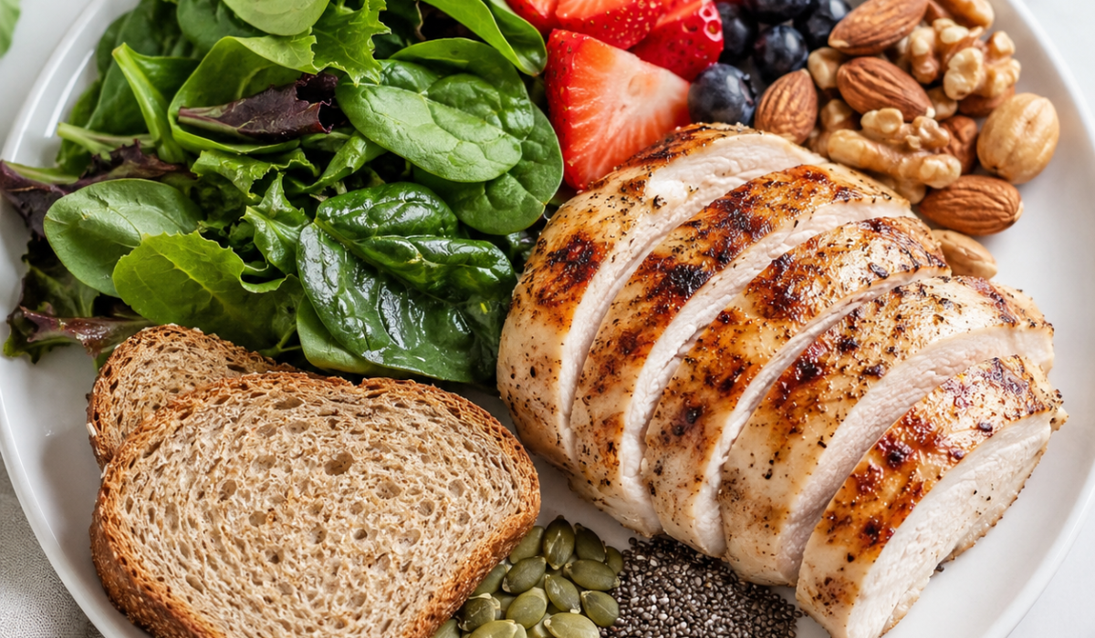 Plate of balanced macros showing protein, carbs, and fat portions for weight loss