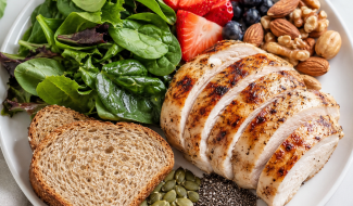 Plate of balanced macros showing protein, carbs, and fat portions for weight loss