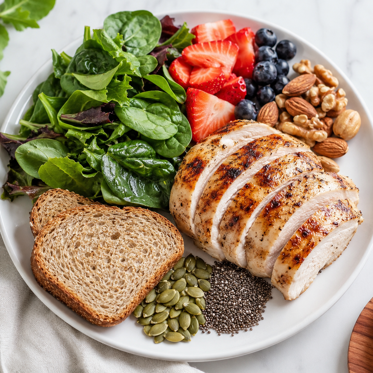 Plate of balanced macros showing protein, carbs, and fat portions for weight loss